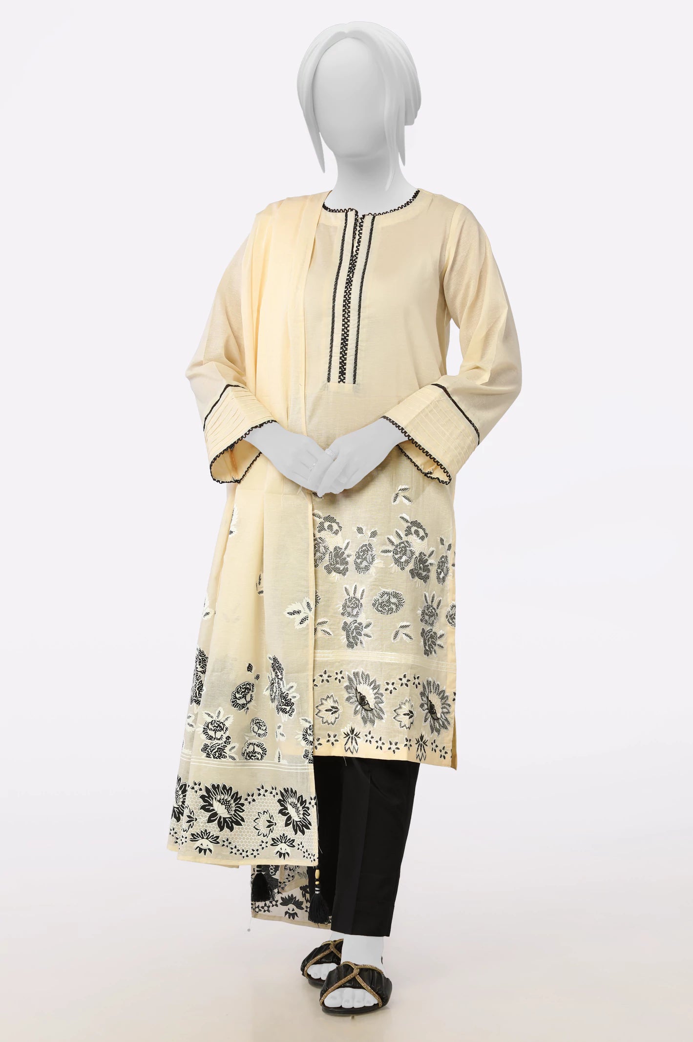 Cream Embroidered Kurti With Dupatta