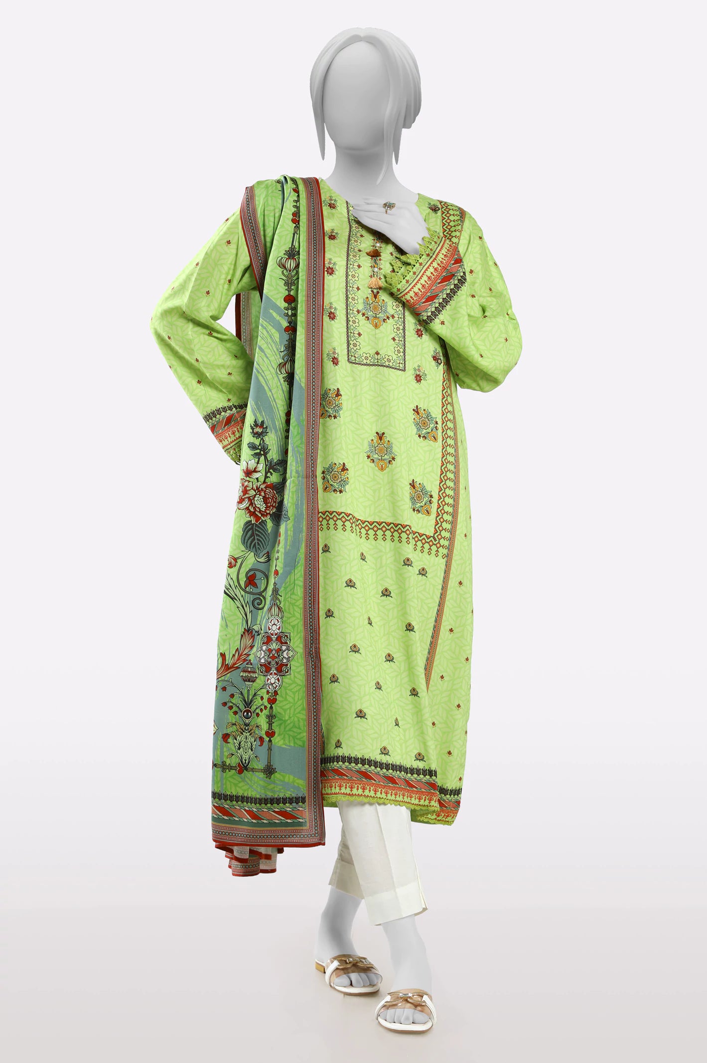 Green Printed Kurti With Dupatta