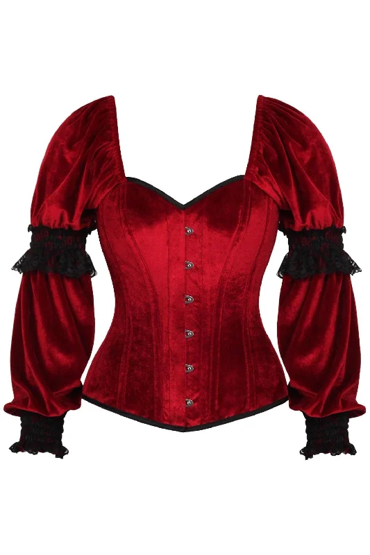 Daisy Dark Red Velvet Steel Boned Long Sleeve Corset