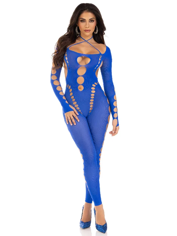 Opaque Cut Out Footless Bodystocking - One Size -  Royal Blue