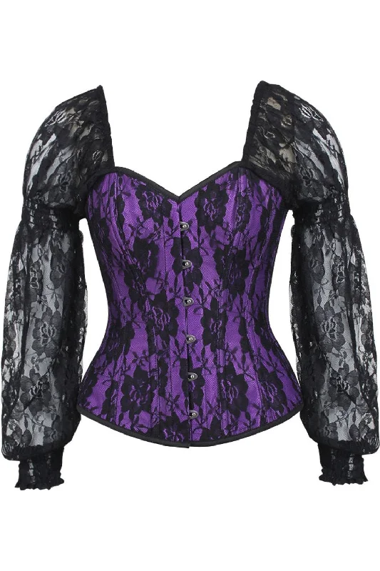 Daisy Purple w/Black Lace Steel Boned Long Sleeve Corset