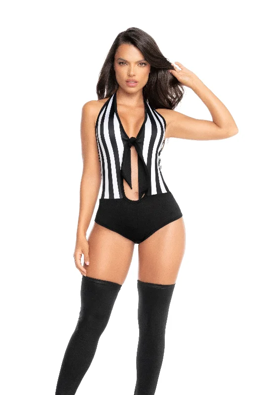 Sexy Referee Costume | Printed Bodysuit, Halter Neckline & Front Tie