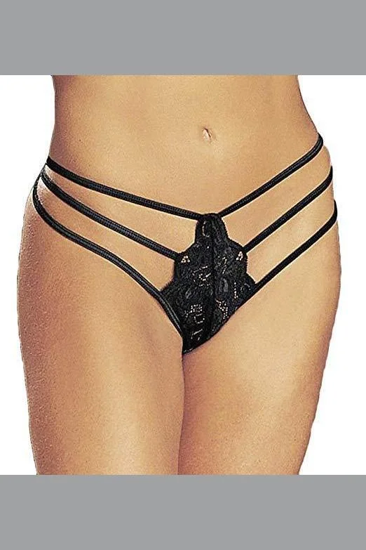 (Black 1X/2X - UK Size 18-20) Stretch Lace Thong Panty