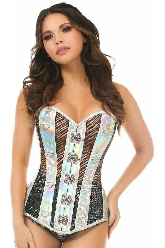 Daisy Silver Holo & Black Fishnet Steel Boned Over Bust Corset