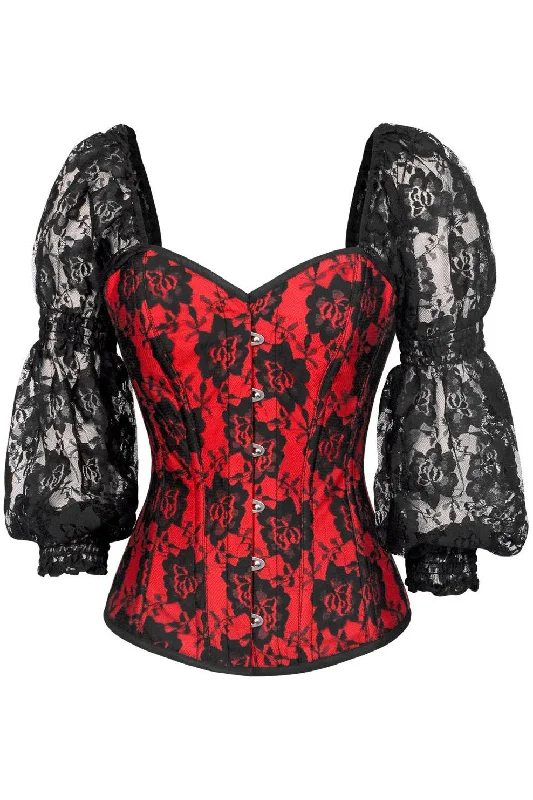 Daisy Red w/Black Lace Steel Boned Long Sleeve Corset