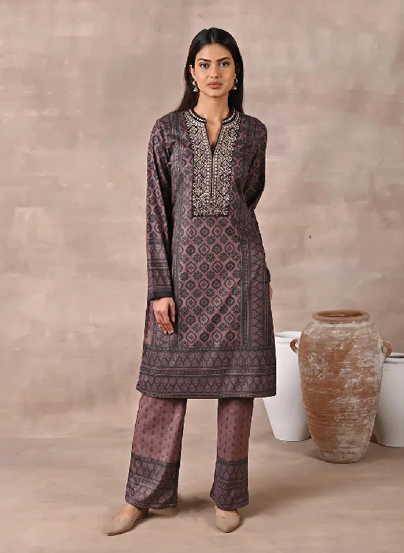 Brown Velvet Kurta Set with Zari & Sequin Work