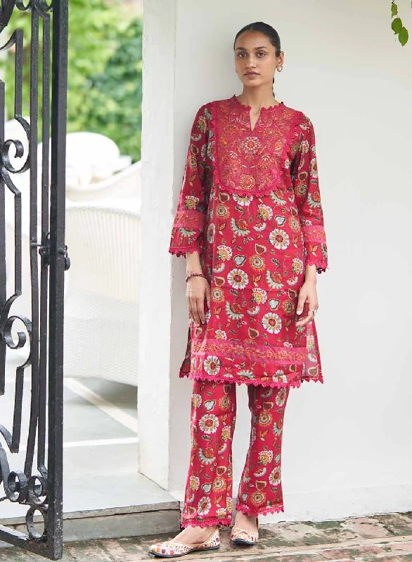 Fuchsia Floral Printed Modal Chanderi Kurta Set with Lace Work