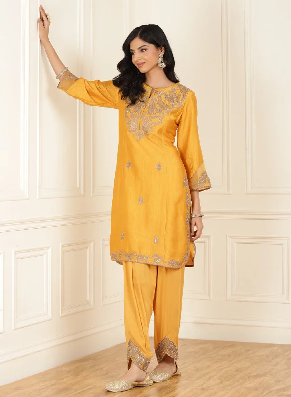 Mustard Embroidered Chanderi Kurta Set