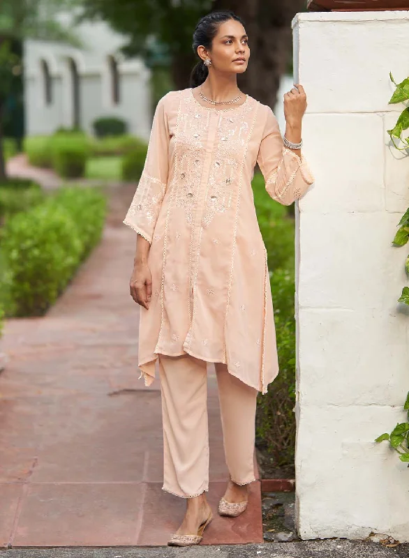 Peach Sequined Kurta Set with Flared Asymmetric Hem