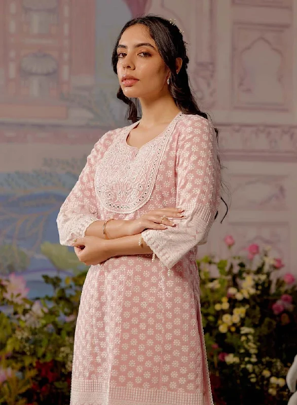 Pink Long All over Embroidered Kurta Set