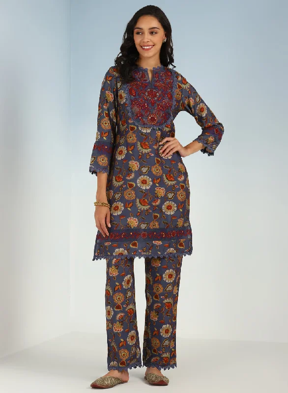 Purple Floral Printed Modal Chanderi Kurta Set with Lace Work