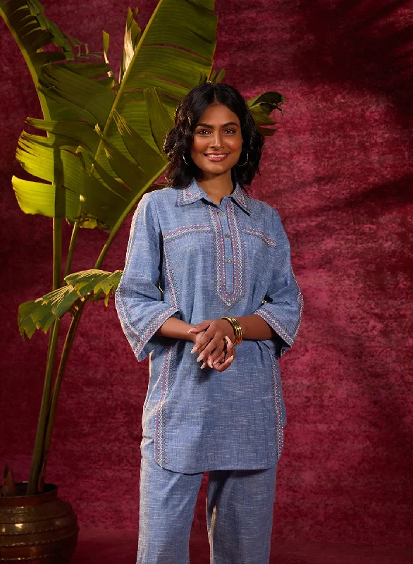 Saanjh Blue Embroidered Cotton Linen Slub Co-ord
Set for Women