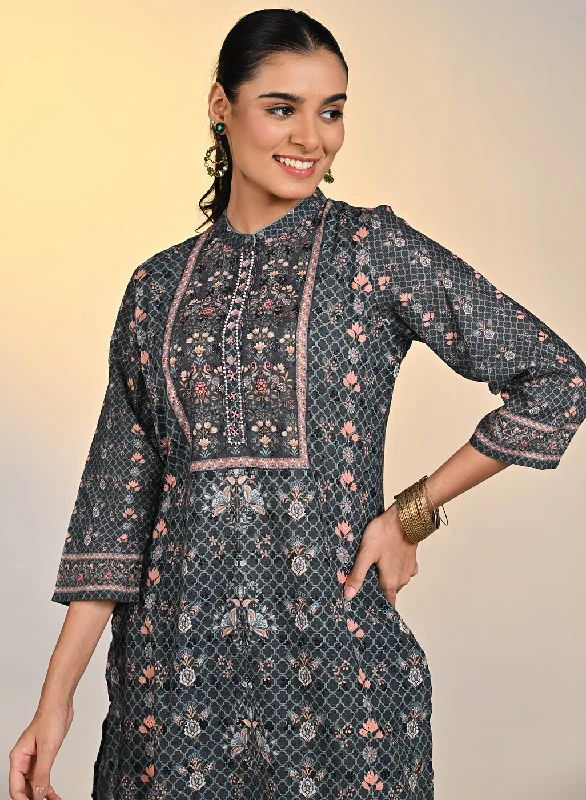 Sehra Black Printed Schiffli Tunic Set For Women