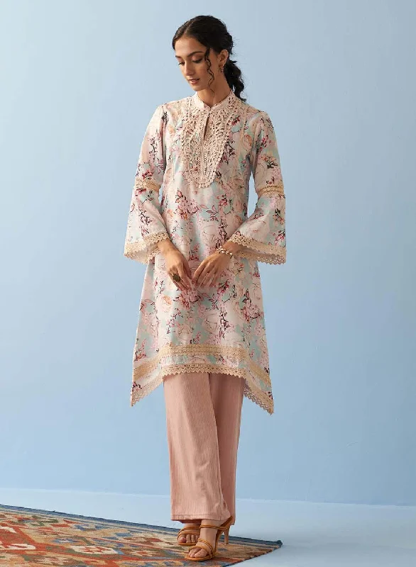 Spa Blue Floral Printed Loose Fit Kurta with Lace Inserts