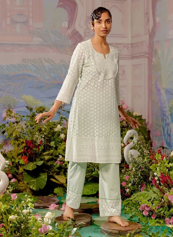 Spa Blue Long All over Embroidered Kurta Set