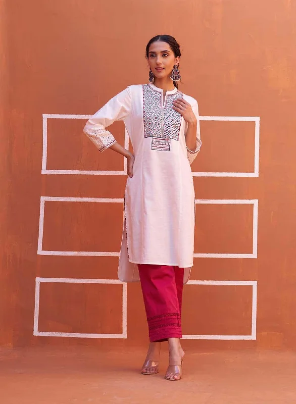 White V-Neck Kurta with Multi Coloured Embroidery and 3/4th Sleeves