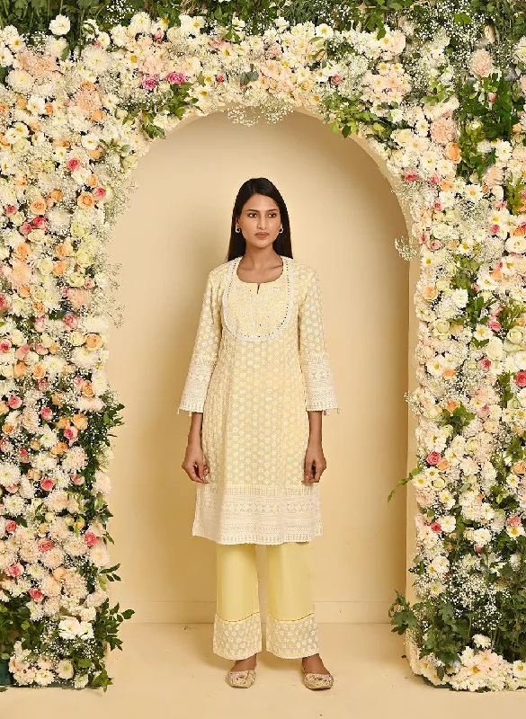 Yellow Long All over Embroidered Kurta Set