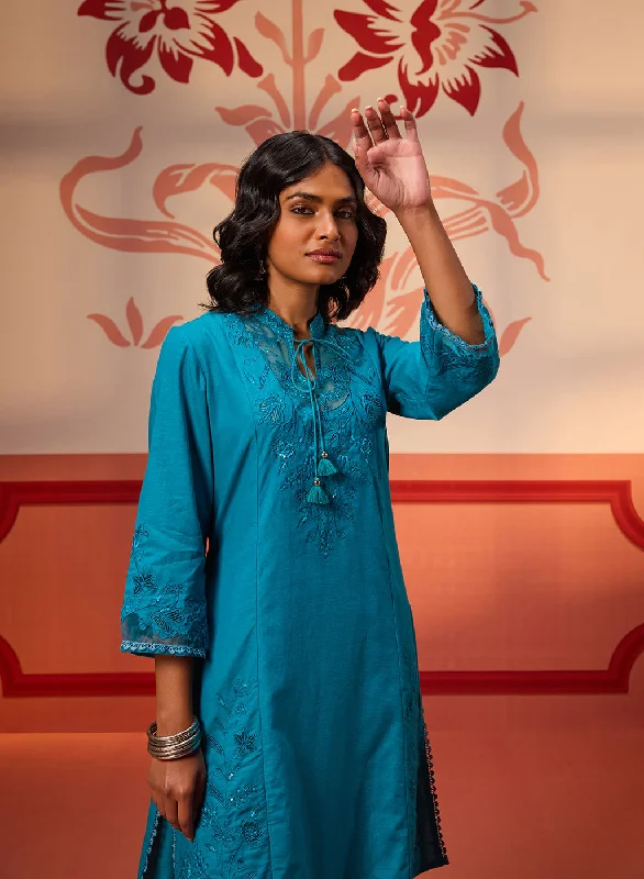 Zara Teal Cotton Linen Embroidered Kurta Set for Women