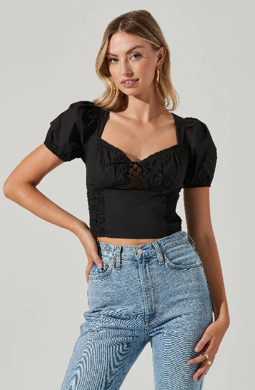 Poplin Lace Up Puff Sleeve Top