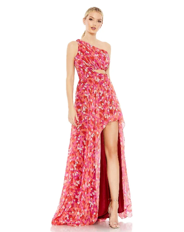 Printed One Shoulder Cut Out Hi-Lo Gown