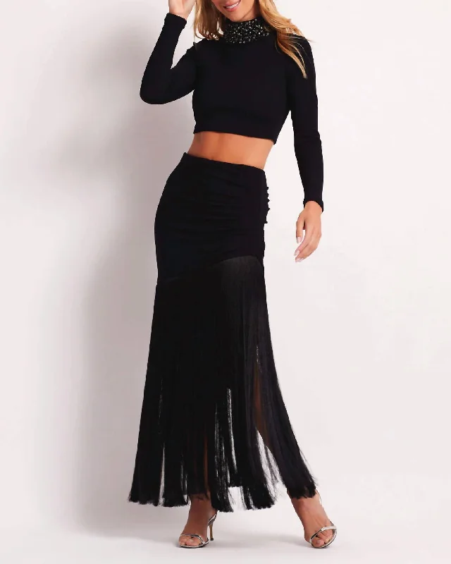 Knit Fringe Trim Midi Skirt In Black