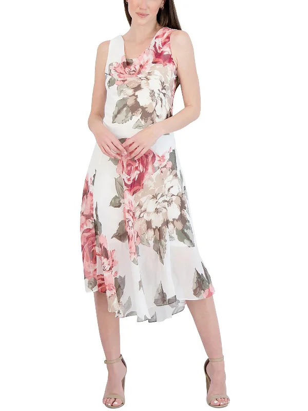 Petites Womens Chiffon Floral Midi Dress