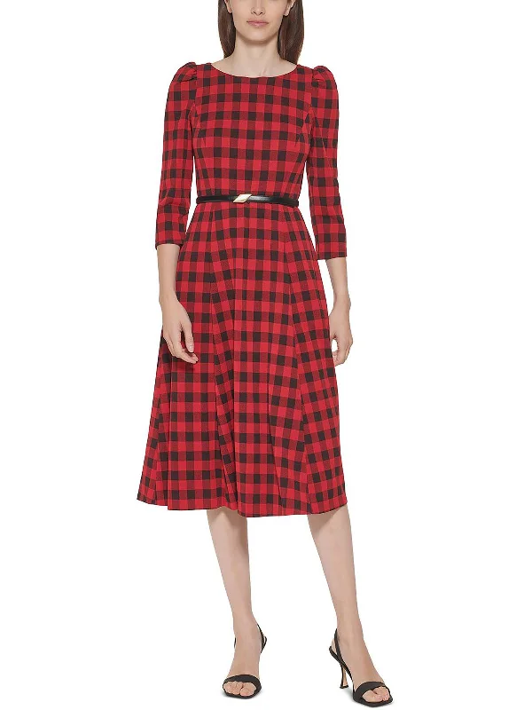 Womens Checkered Midi Fit & Flare Dress