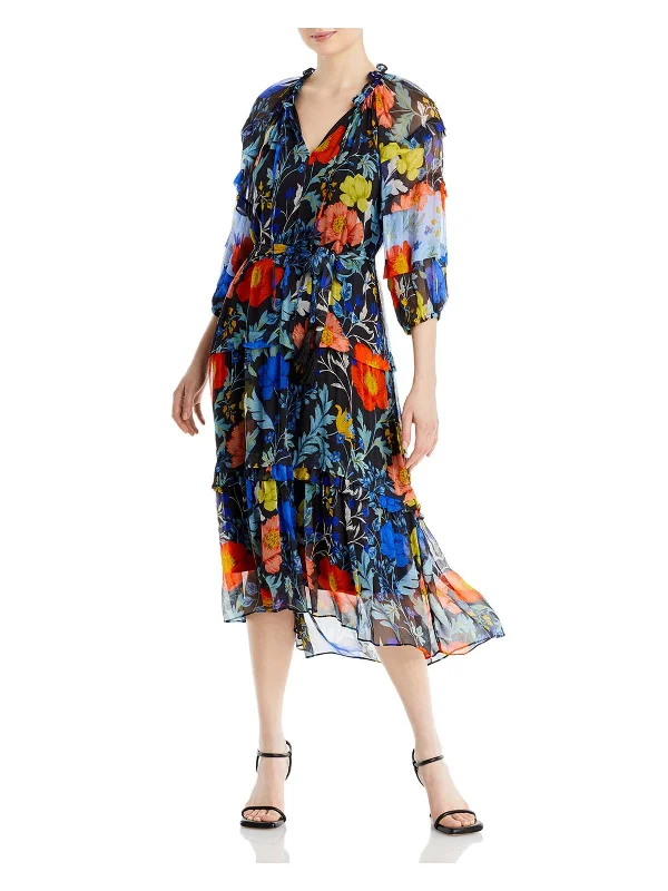 Womens Chiffon Floral Midi Dress