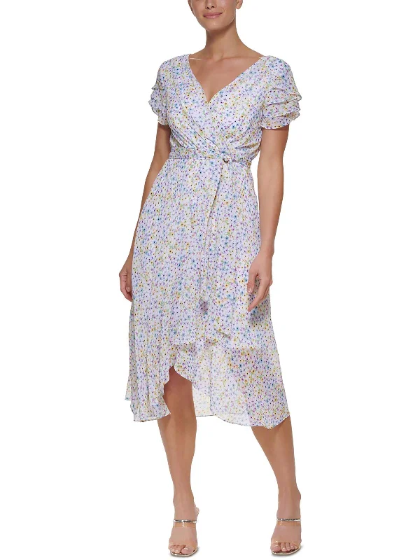 Womens Floral Print Midi Wrap Dress