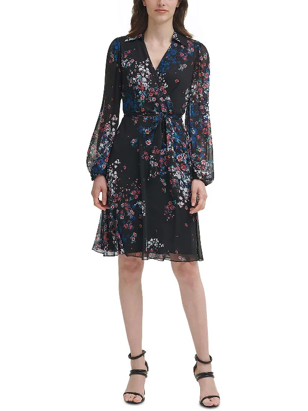 Womens Floral Print Wrap Midi Fit & Flare Dress