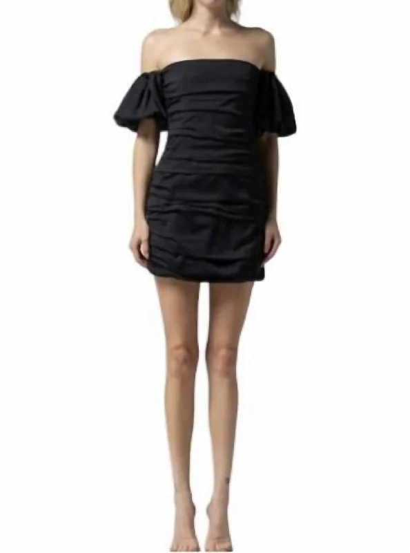 Pleated Shirring Satin Mini Dress In Black