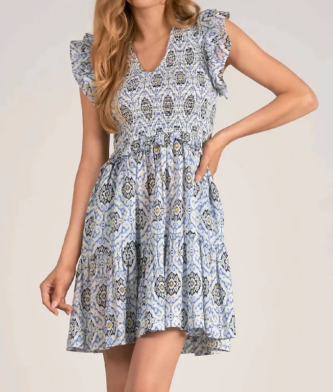 Ruffle Sleeve Mini Dress In Blue Ikat