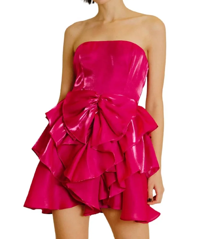 Satin Strapless Brows Mini Dress In Magenta