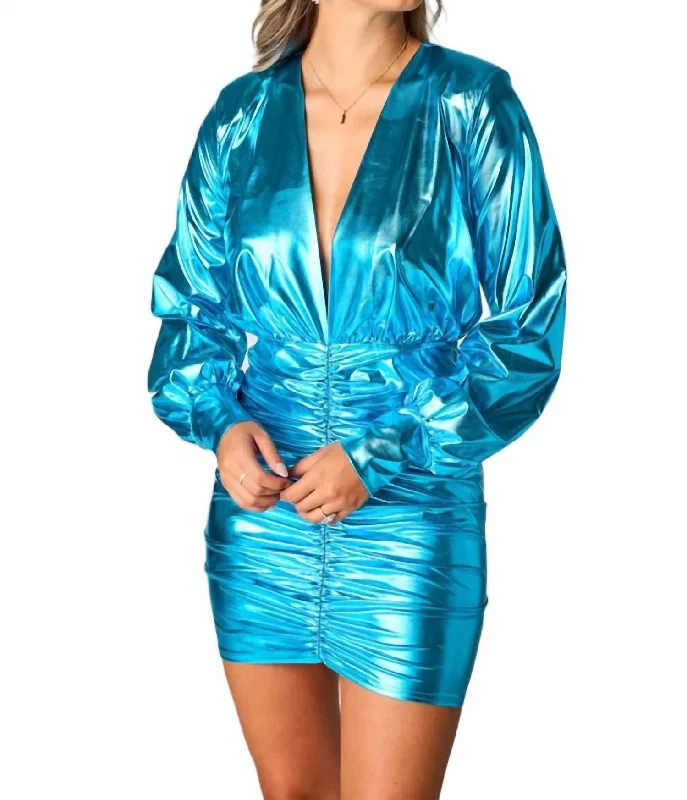 Vaschel Mini Metallic Ruched Dress In Blue