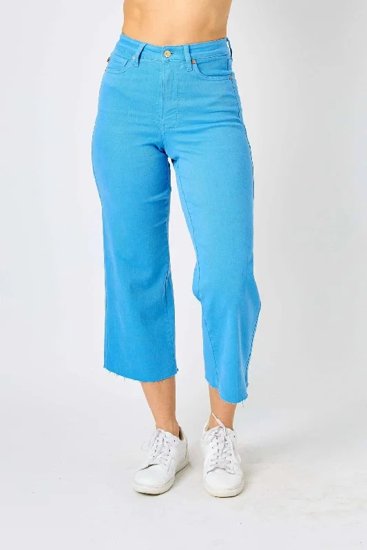 High Rise Dyed Tummy Control Crop Wide Leg Jean In Sky Blue