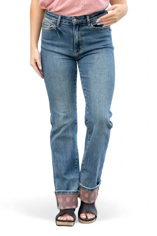 Plaid Cuff Straight Leg Jean In Medium Wash