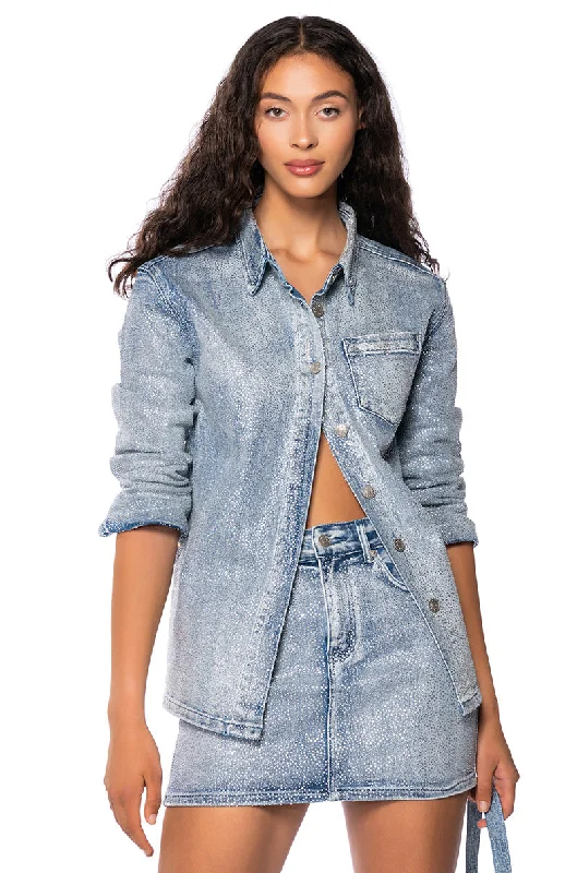 SHINE BRIGHT RHINESTONE EFFECT DENIM BUTTON DOWN SHIRT