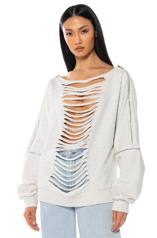 SPOTLIGHT SHREDDED ZIP SLEEVE SWEATSHIRT