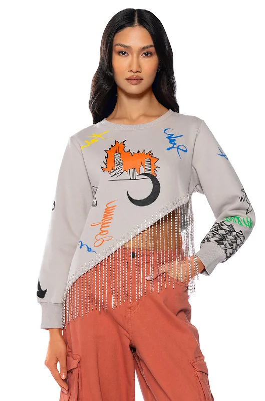 ULTRACHIC EMBELLISHED RHINESTONE FRINGE SWEATSHIRT