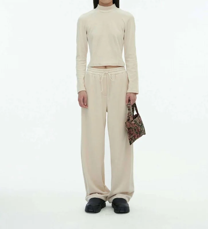 Velour Fleece Drawstring Pants In Light Beige