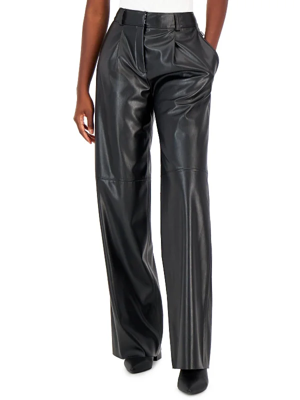 Womens High-Rise Faux Leather Trouser Pants