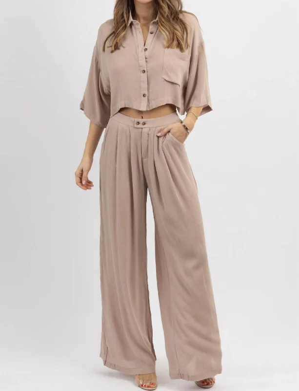 Float On Collar Pant Set In Beige