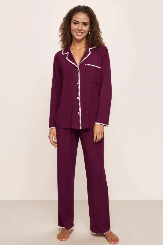 Frida Long PJ Set in Plum/Ivory