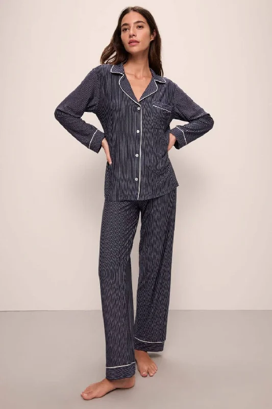 Gisele Printed Long PJ Set in Duo Stripe True Navy/Ivory