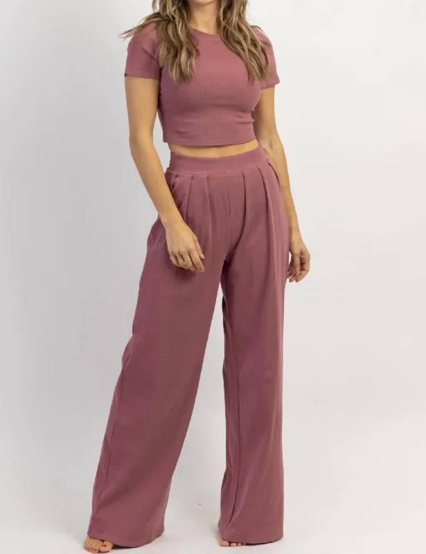 Ribbed Palazzo Pant Set In Mauve